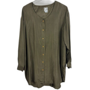 Vintage Clio Silk Button Down Tunic Sz M Olive Green Lagenlook